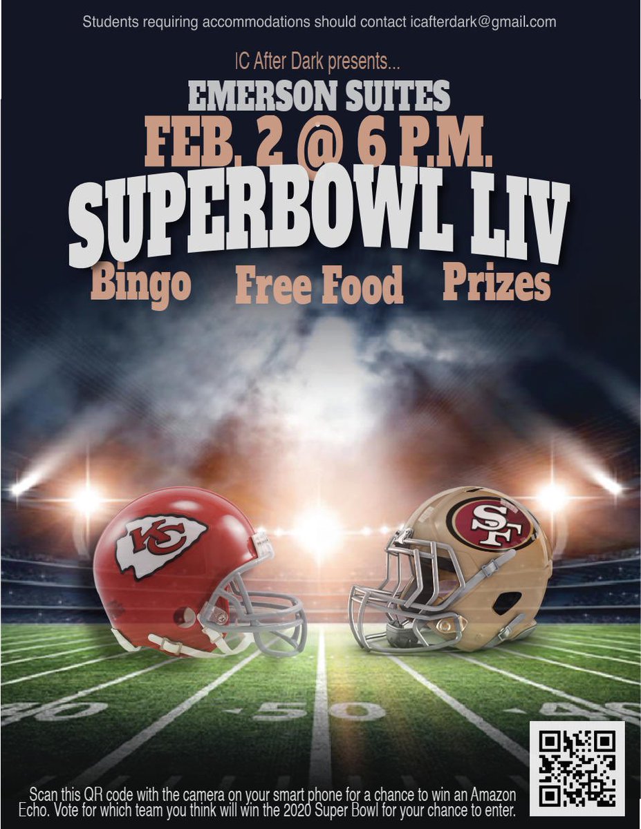 ICAfterDark's tweet photo. 🏈Need a place to watch the Super Bowl? Join us in Emerson Suites on Sunday, February 2 from 6-11pm! There will be free food, prizes, and bingo!🏈 https://t.co/4Rm4JvaT5y