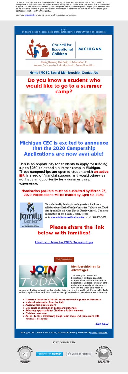 MichiganCEC's tweet photo. @MichiganCEC #michcec Do you know a student who would like to go to a summer camp? MCEC is excited to announce that the 2020 Campership Applications are now available. Go to this link to apply - https://t.co/FnOwkWtXla https://t.co/BjVjhreiJF