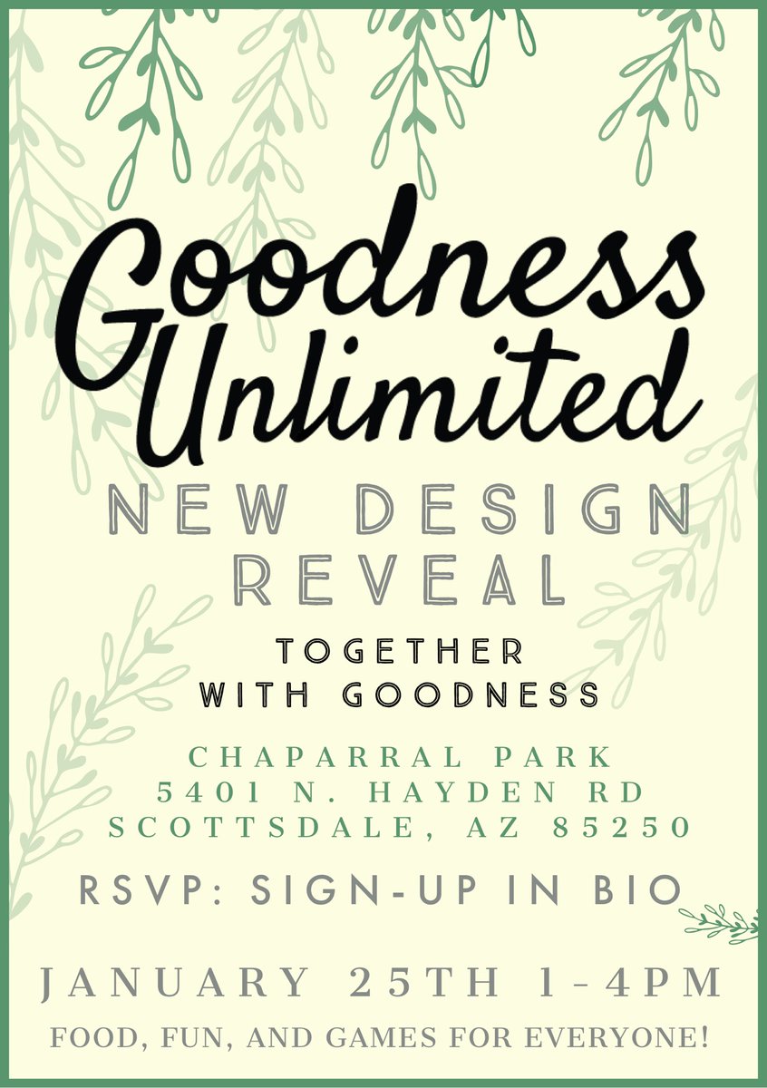 Goodness_Unltd's tweet photo. Super pumped to invite everyone to the Goodness Unlimited new design release party! 🥳
This family friendly, FREE event welcomes all ages to celebrate a coming together for goodness at Chaparral Park (5401 N. Hayden Rd. Scottsdale AZ 85250), from 1-4pm!!! 😀
#arizona #azevent https://t.co/me0PiAzsA9