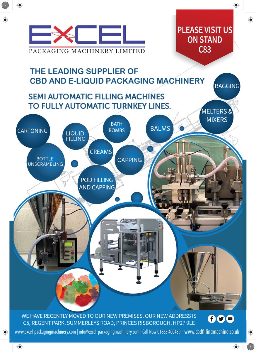 Excel_Packaging's tweet photo. Excel are exhibiting our range of CBD packaging machinery at the upcoming CBD show at the NEC
Please visit us on stand C83
February 29th to March 1st #packagingmachinery #cbd #cannabis #hemp #plantbased #packaging #cosmetics #excel #fillingmachine #cbdfilling #eliquids https://t.co/pw3vbbIXwd