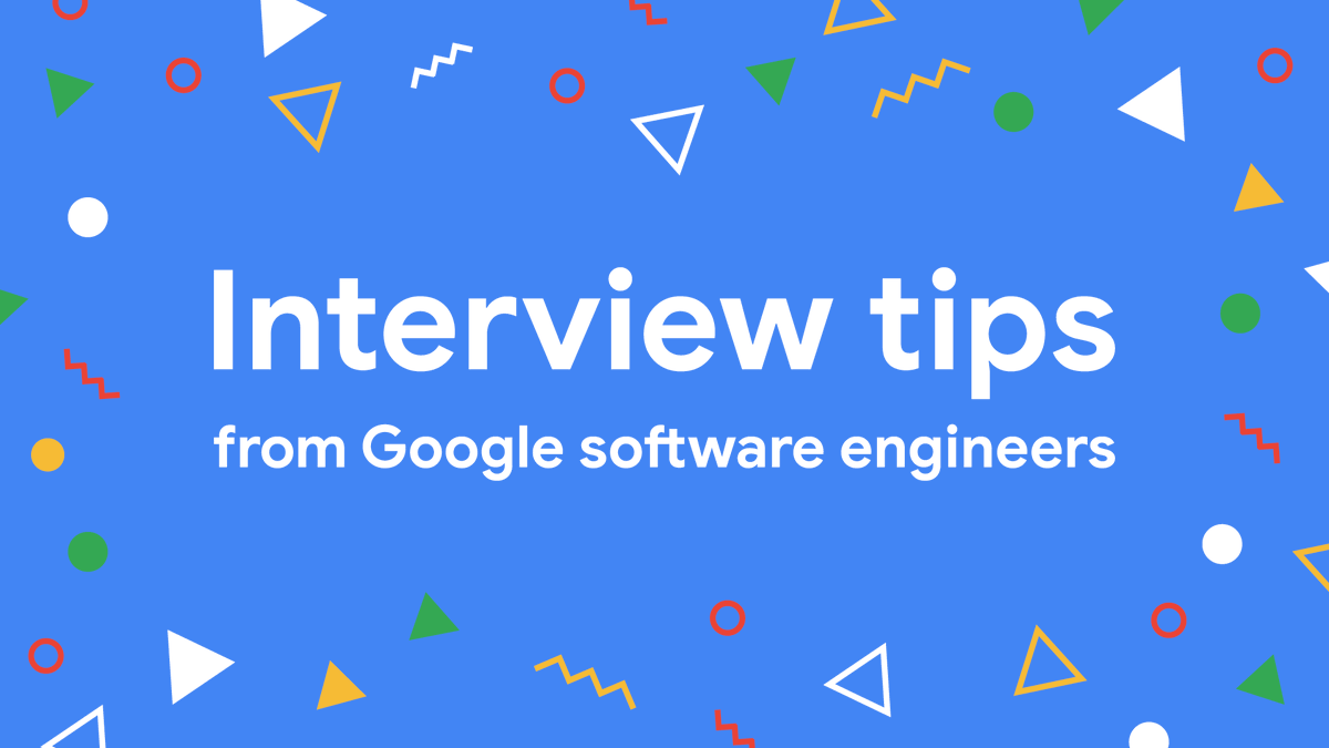 "Interview tips from Google software engineers" in white font over a blue background with multicolored confetti.