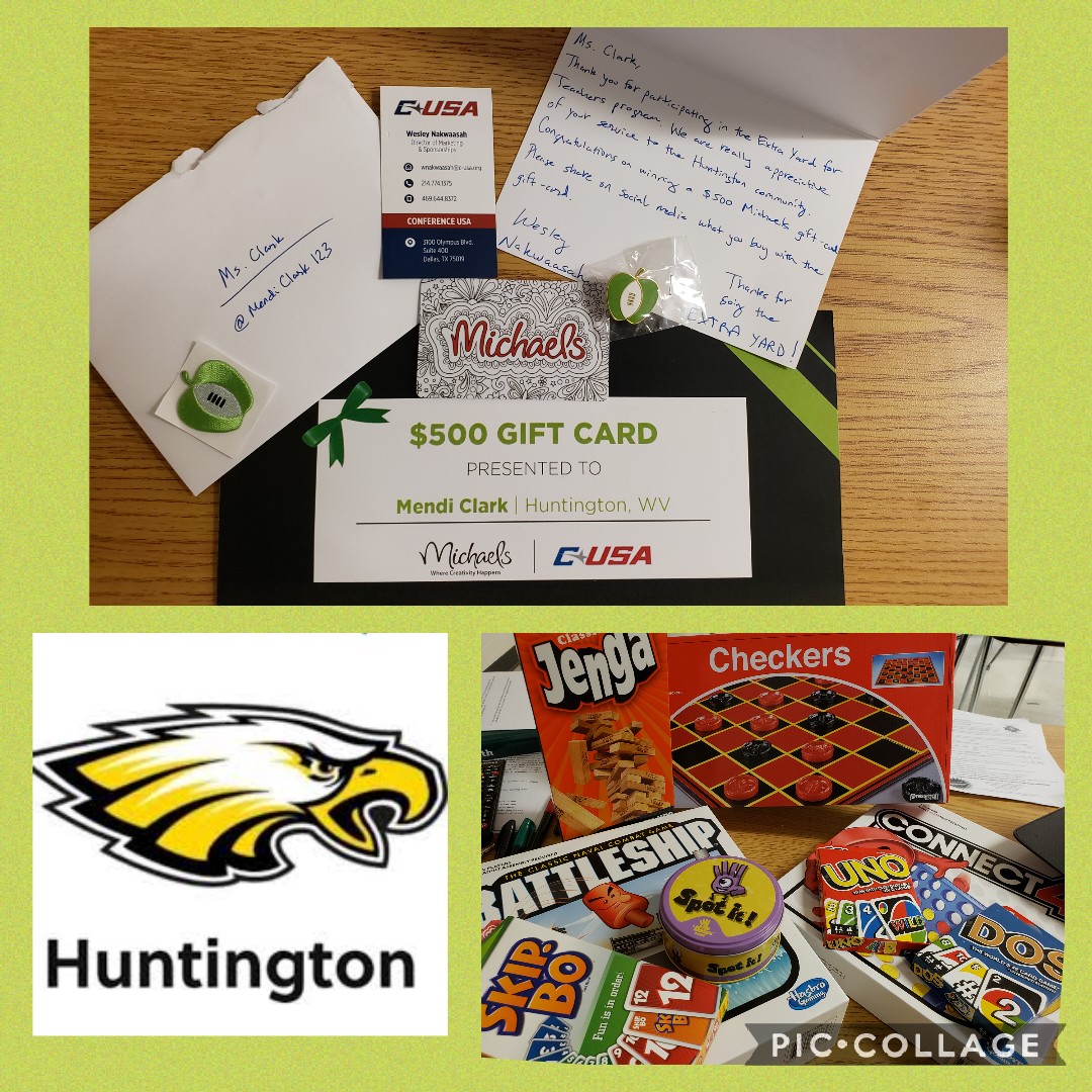 MendiClark123's tweet photo. Can't wait to spoil my students some more! Thank you again for this incredible opportunity and award! #extrayardforteachers @ConferenceUSA @MU_COEPD @CFPExtraYard @CabellHms https://t.co/eUN3eehXDf