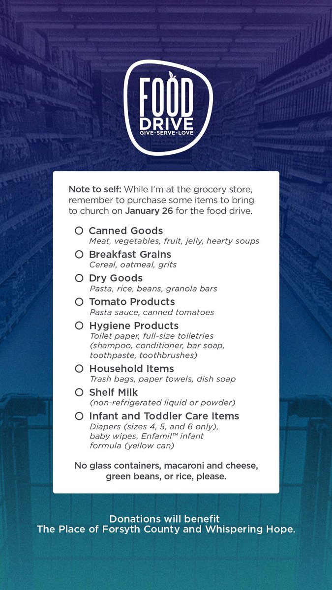 BrownsBridge's tweet photo. Don't forget, we are having a food drive this Sunday benefiting The Place of Forsyth County, Whispering Hope, and the people they serve.

This is a simple way you can make a difference in our community!

To make a financial donation visit, https://t.co/NaqeEizdtA. https://t.co/Oe05hDRsgn