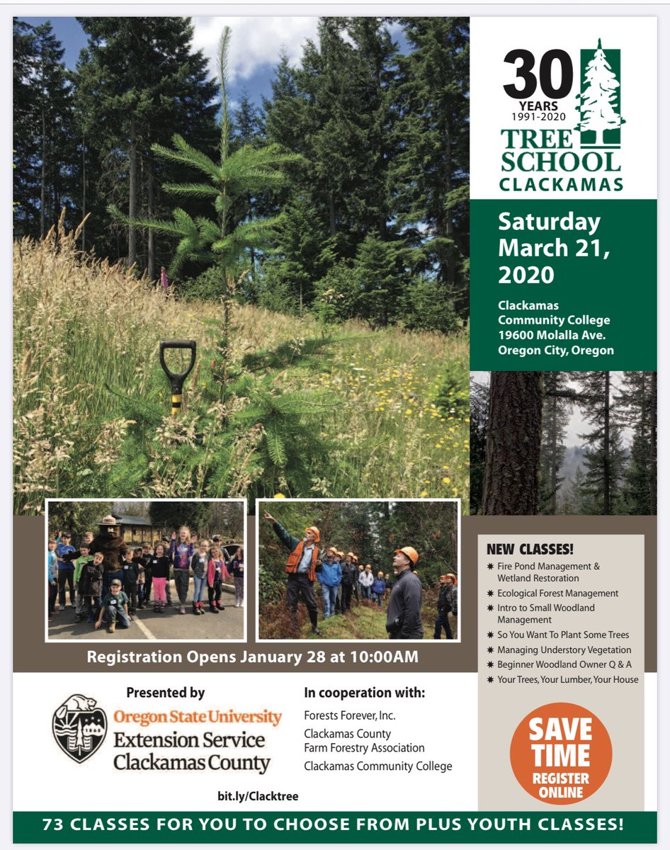 OSUExtClackamas's tweet photo. The #TreeSchoolClackamas guide is out. Registration begins at 10:00 am on 1/28. Pick your classes now - they fill up quickly. #trees #Forest #Forestry #treeschool https://t.co/12x7ZrLDZH https://t.co/8NmwQ9yKL4