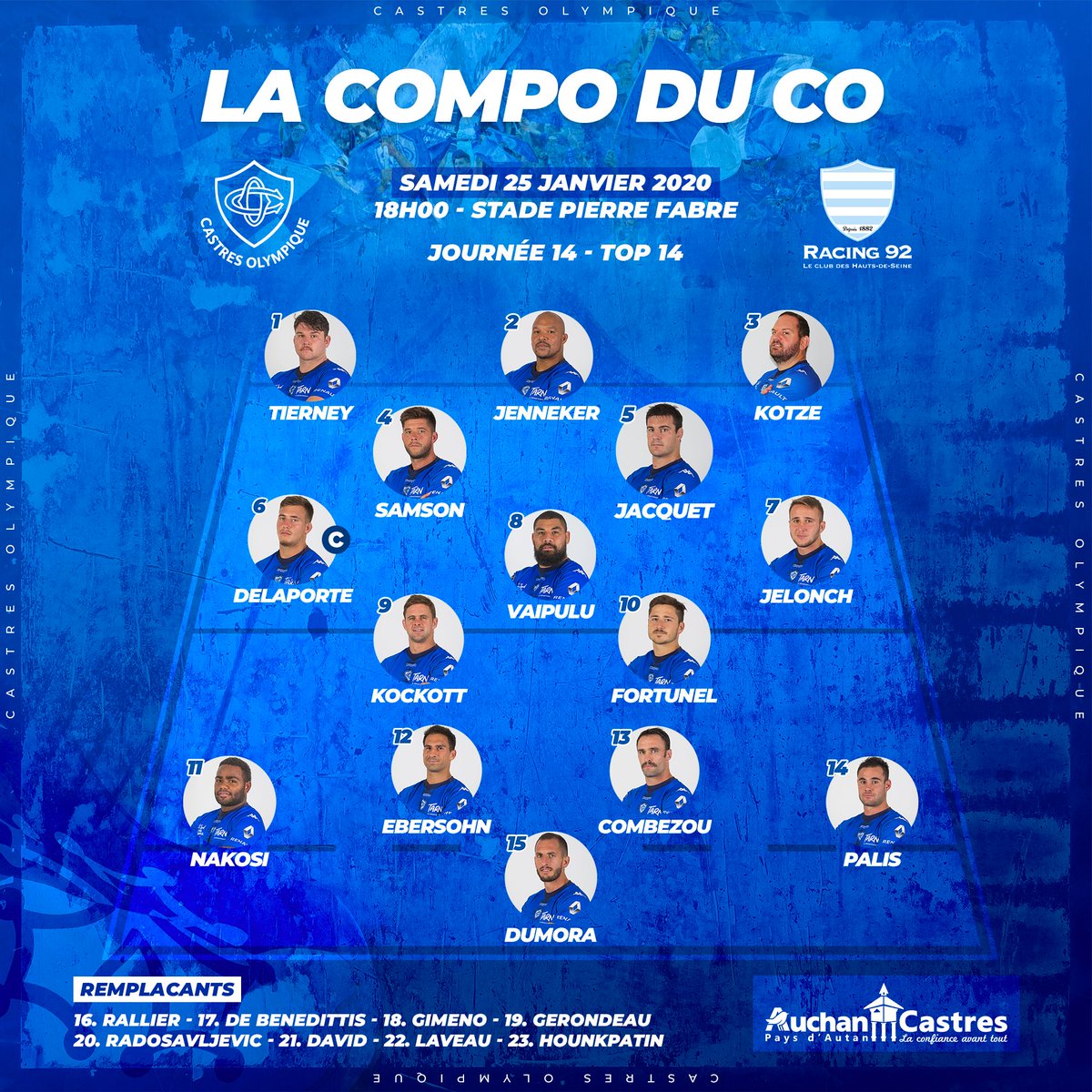 CastresRugby's tweet image. LA COMPO DU CO 📋

Voici l'équipe alignée pour le premier choc de l'année 2020 à Pierre Fabre, la réception du @racing92, demain à 18h00 🔥  ! @danielktz titulaire et @MarcoRallier de retour ! 💪

🔵⚪ TOUS ENSEMBLE derrière nos Olympiens !