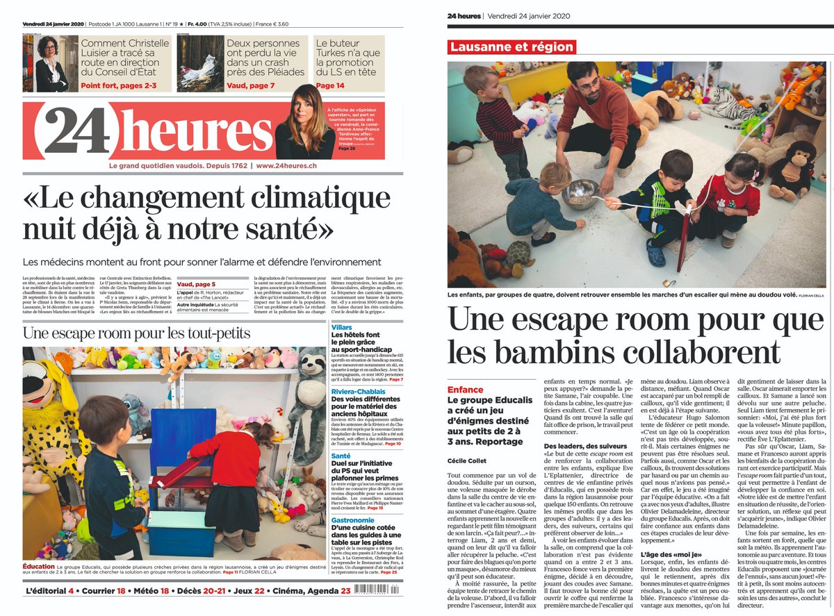 educalis_ch's tweet photo. Ce vendredi, #Educalis et ses crèches font la Une du @24heuresch! Un bel article qui parle de notre #EscapeRoom, magnifique projet pédagogique porté par nos équipes éducatives!

Version en ligne: https://t.co/Is43duK3Dz https://t.co/Z7f40SEHXi