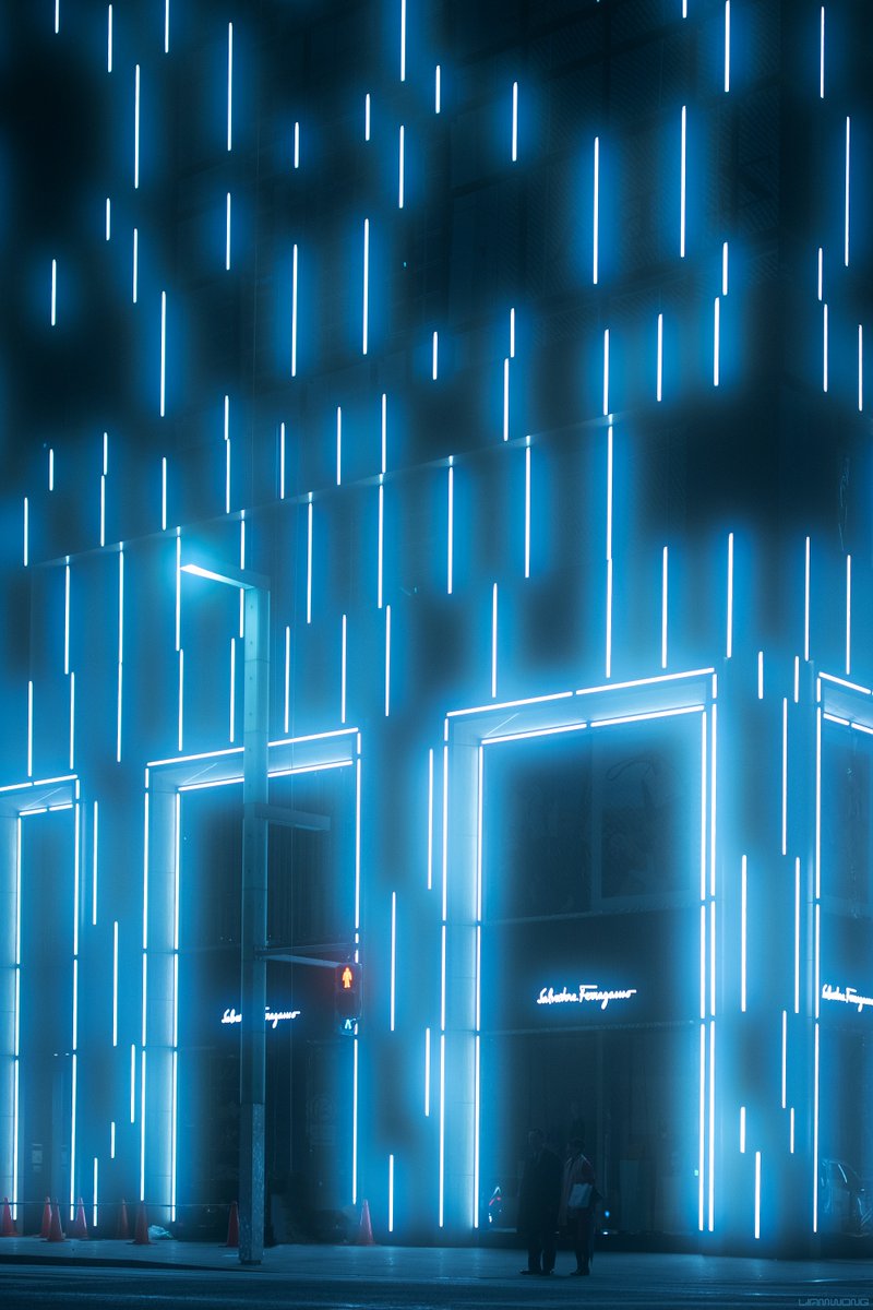 Photography by Liam Wong of Tokyo at night in the Ginza district. A large building in the upper market area of Tokyo: many bright strips of light cover the front of a modern building - it looks like rain in neon form. A couple stand at the bottom of the frame in silhouettes. This is a similar shot of the same couple in the first image but a closer crop.