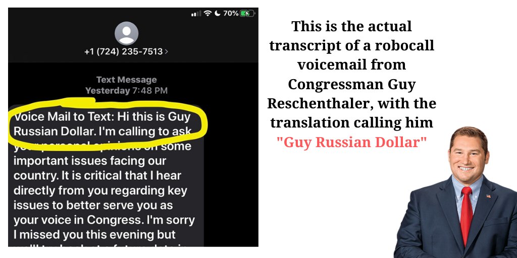 jessewhite46's tweet image. I swear on the lives of my kids that this transcript of the voicemail I received last night from Congressman @reschenthaler is 100% accurate. God bless you, Siri. #Russia #Congress #fail #Republicans #Idiots