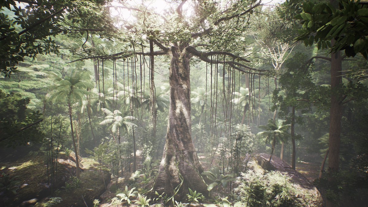 A computer generated image from Milica Zec and Winslow Porter's artwork "Tree" depicts a large, knotty tree in a lush tropical rainforest setting.