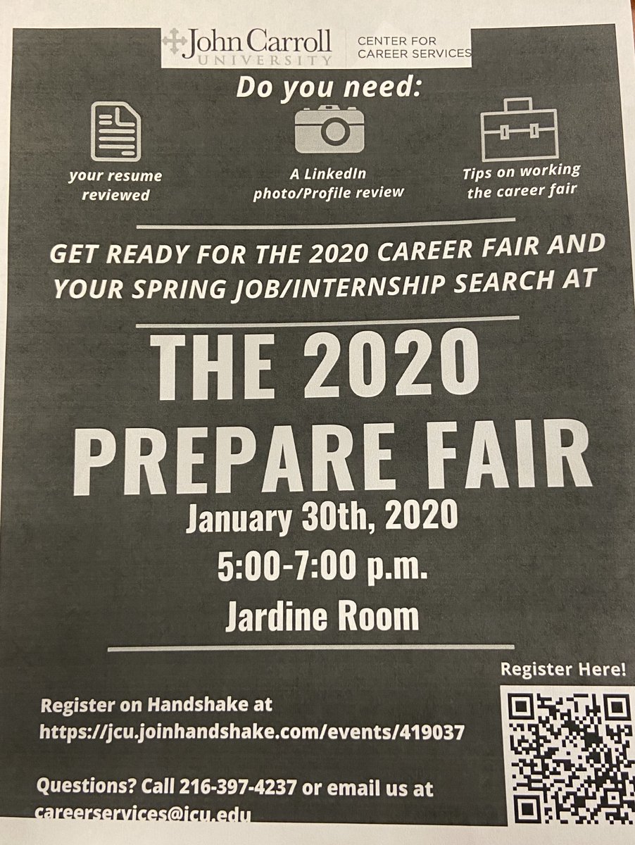 jcu_dos's tweet photo. Do you need to get your resume reviewed, update your LinkedIn profile or get last minute tips on the career fair? Come to Jardine on Jan. 30th from 5-7PM for the Prepare Fair! Please register on Handshake https://t.co/5CL19DAwHK