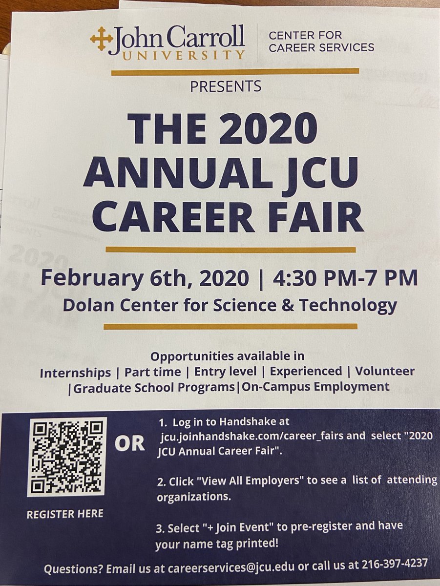 jcu_dos's tweet photo. The Annual Career Fair is happening on Feb. 6th from 4:30-7PM in Dolan!! Register on Handshake to receive a printed name tag as well as look to see what organizations will be attending. https://t.co/5OJ6Okt5Lp