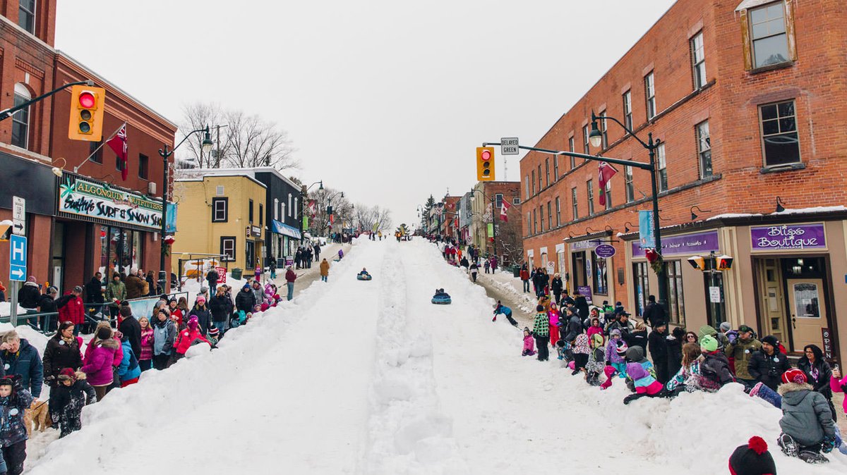 CBCOntMorning's tweet photo. Fire and Ice is back in Bracebridge this weekend.  Ever wanted to toboggan down downtown street? Should your community do this? What winter activity have you always wanted to try in Ontario? Kate says skating on trails in Arrowhead. You? https://t.co/pTLo8ZQCfa