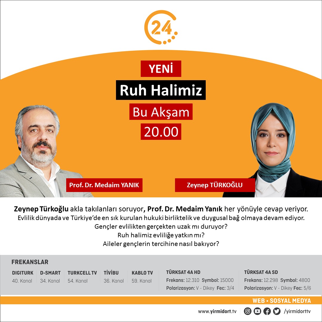 Aklımıza takılanları konuşup, cevapların peşine düşeceğiz. İnsan hayatının inişleri çıkışları, zorluk ve kolaylıkları, türlü yönüyle her #Cuma 20:00'de <a href="/yirmidorttv/">24 TV</a> 'te. İlk bölüm #evlilik tartışmaları ile başlıyor. Bekleriz...

#ruhhalimiz
<a href="/medaimyanik/">Medaim Yanık</a> 
<a href="/zeynepturkoglu/">Zeynep Türkoğlu 🇹🇷</a>