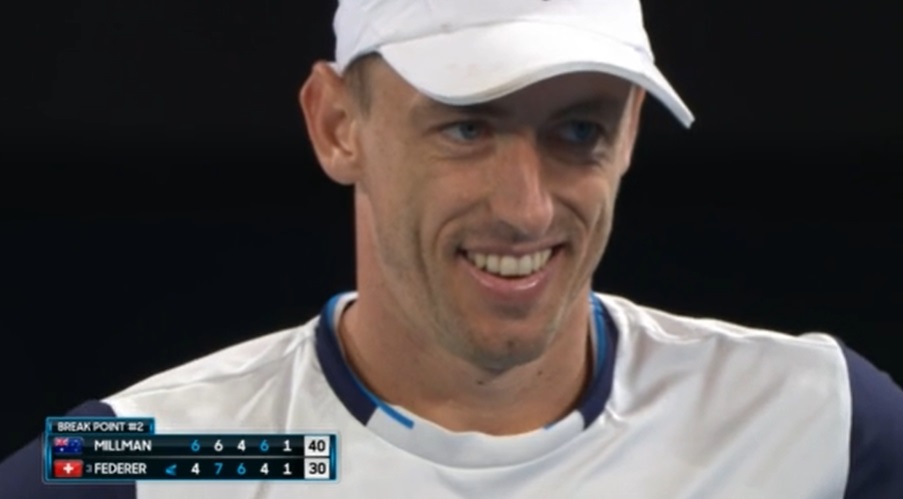 livetennis's tweet photo. Millman nets a makeable backhand on his first break chance - but Federer makes his *checks notes* 11,47th forehand error of the night to be broken. 

Millman up 2-1 &amp; serving! 

#AusOpen https://t.co/eh4lJXfucS
