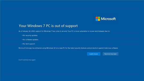 StonegateLLP's tweet photo. If you have seen the screen shown below (or something similar if you are running an old version of Windows 7), you are receiving notifications as a Windows 7 customer to remind you that your device is no longer supported and no longer receiving security updates. https://t.co/kGpRN9qjcK