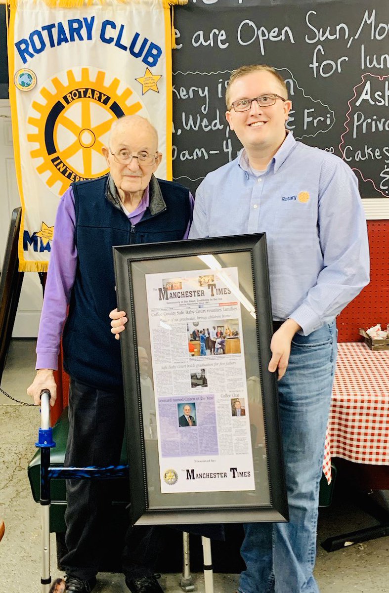 manchrotary's tweet photo. During yesterday’s meeting, Manchester Rotary Club President Taylor Rayfield and Director Bonnie Gamble presented 2019 Citizen of the Year, Bob Leonard with a special framed plaque. Congratulations on a well deserved honor. https://t.co/pRpRQ9zKle