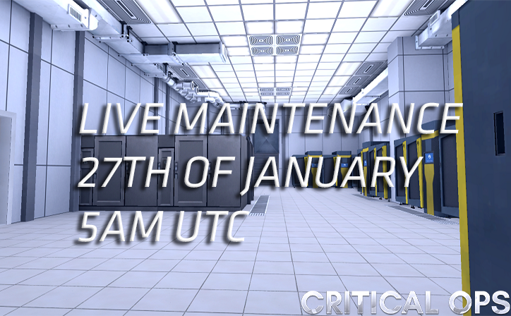 CriticalOpsGame's tweet photo. Dear players, the master server will undergo live maintenance for 5 hours on Jan 27th 5:00 am UTC/Jan 27th 7:00 am EET/Jan 26th 9:00 pm PST

The game will be unavailable during the maintenance. https://t.co/qzS3kIILnR