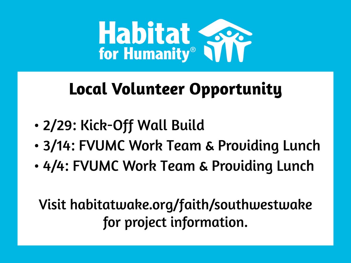fvumc's tweet photo. FVUMC is sending volunteers ages 16+ to help with the project and also needs help putting together lunches. 

2/29: Kick-Off Wall Build
3/14: FVUMC Work Team &amp; Providing Lunch
4/4: FVUMC Work Team &amp; Providing Lunch

Visit https://t.co/3WjoWiUoox for project information. https://t.co/erNUJ9Nft9