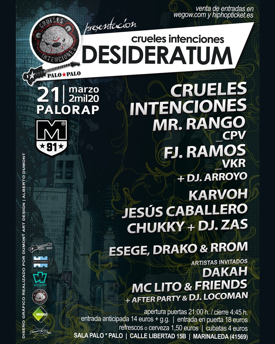 MAD91Familia's tweet photo. #PALORAP 21 de marzo 2️⃣0️⃣2️⃣0️⃣
💣 @Crueles39 PRESENTANDO #Desideratum
💣Mr. Rango (CPV)
💣FJ.Ramos (VKR) + DJ Arroyo
💣Karvoh
💣Jesús Caballero
💣Chukky
💣Esege, Drako, Rrom,
🧨Artistas invitados: Dakah y MC. Lito &amp; Friends,
😈After Party: Dj Locoman

Entradas anticipada 14€+gsts https://t.co/9DqSyV9Edt