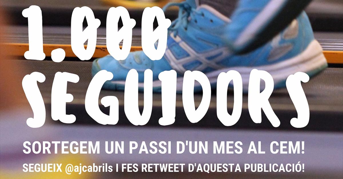 🔊 Ep,#Cabrils! Hem arribat als 1.000 seguidors! 🎉

Per celebrar-ho, sortegem un passi d’un mes al Complex Esportiu Municipal!

👉 Per participar, segueix-nos a <a href="/ajcabrils/">Ajuntament de Cabrils</a> i fes retweet d'aquesta publicació!

La persona guanyadora serà anunciada el proper divendres 31 de gener.