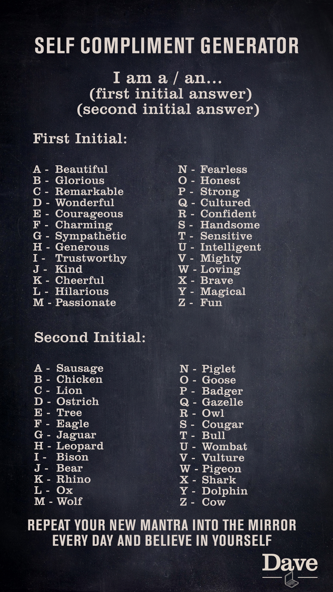 Dave As It Is Nationalcomplimentday We Ve Made A Self Compliment Generator For You To Use At Home Create Your Own New Mantra Repeat It To Yourself And Believe In Yourself