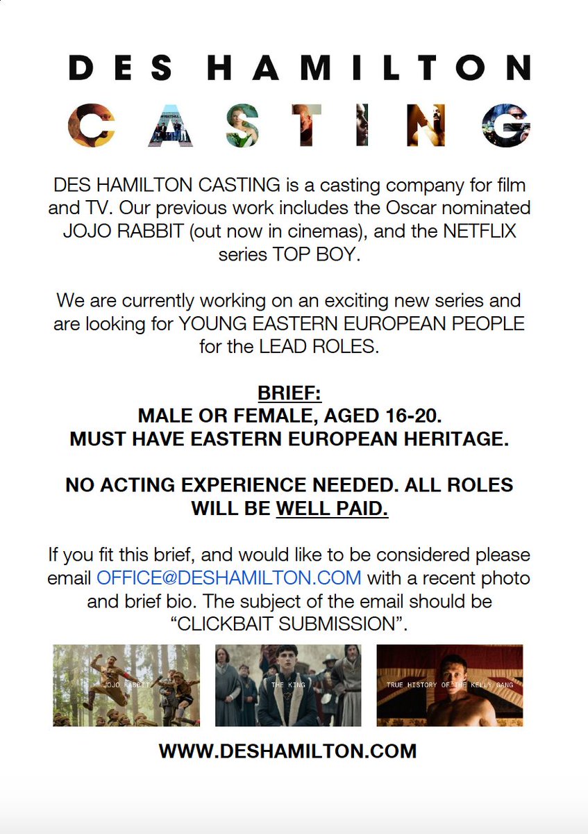 WE ARE CASTING AN EXCITING NEW SERIES AND ARE LOOKING FOR EASTERN EUROPEAN TEENAGERS FOR LEAD ROLES. NO PREVIOUS ACTING EXPERIENCE NECESSARY.