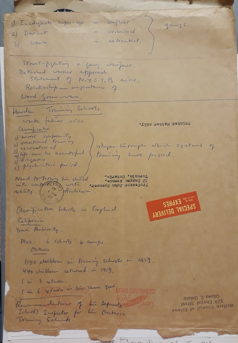 socialwork100's tweet image. I'm not sure how common this is in academia, but Professor John Spencer seems to have run out of paper quite a bit -  notes relating to #juveniledelinquency #marriage #sexualrelations #infidelity #trainingschools #rehabilitation all written on envelopes and paper towels!