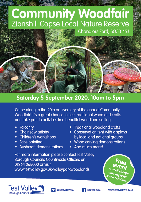 TestValleyBC's tweet photo. This year is the 20th anniversary of the Annual Community Woodfair! 🌳🍃 Would you like to take part and exhibit at this exciting event? 

Register your interest at community&amp;leisure@testvalley.gov.uk or contact the Countryside Officers on 01264 368000 for further information. https://t.co/Ll2xHPZtfc