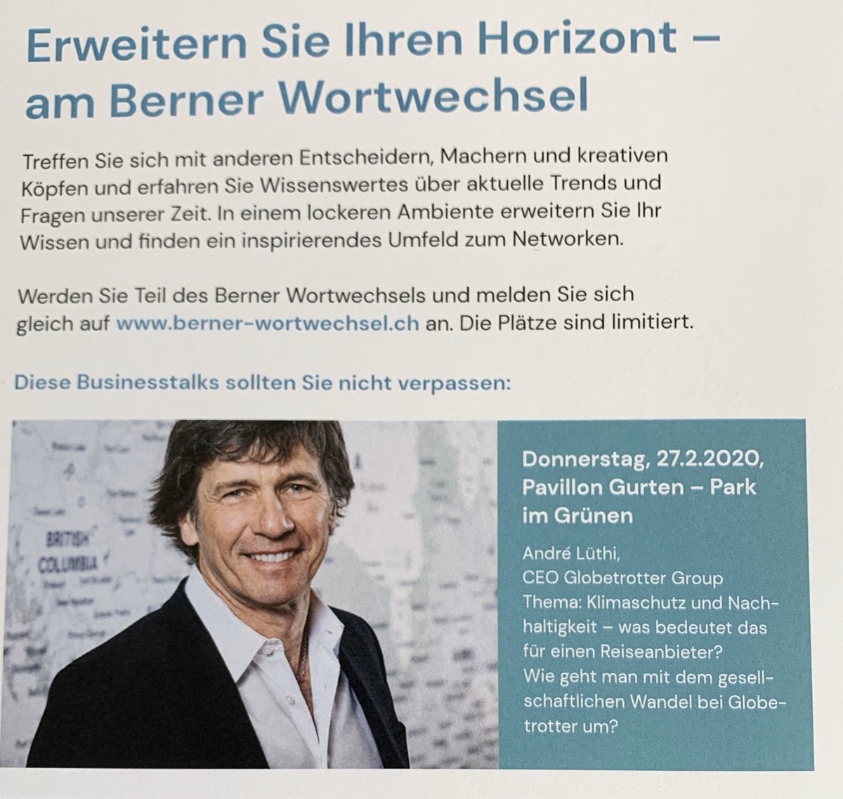 Am 27.2.2020 - Klimaschutz und Nachhaltigkeit - was bedeutet das für einen Reiseanbieter ? 
Teilnahme und Apéro kostenlos. Anmeldung berner-wortwechsel.ch - Plätze limitiert. <a href="/BernerZeitung/">Berner Zeitung</a> <a href="/derbund/">Der Bund</a> <a href="/madeinbern/">madeinbern</a> <a href="/Bern_Stadt/">Stadt Bern</a> <a href="/Gurtenpark/">Gurten - Park im Grünen</a>
