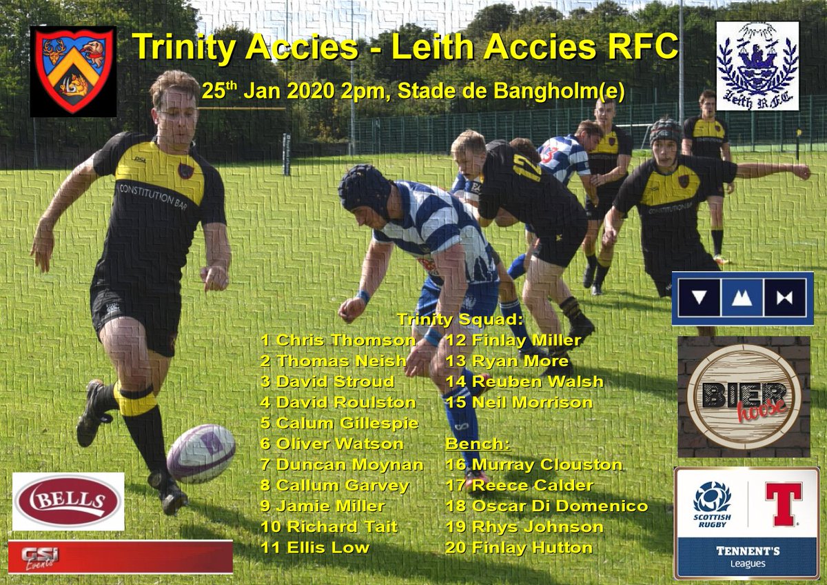 Next match: Trinity Accies - <a href="/LeithRugby/">Leith Rugby</a>
2pm Sat 25th Jan 2020
Stade de Bangholm(e)
(Post-match to Summerside Bowling Club)

Open pic for Trinity Squad