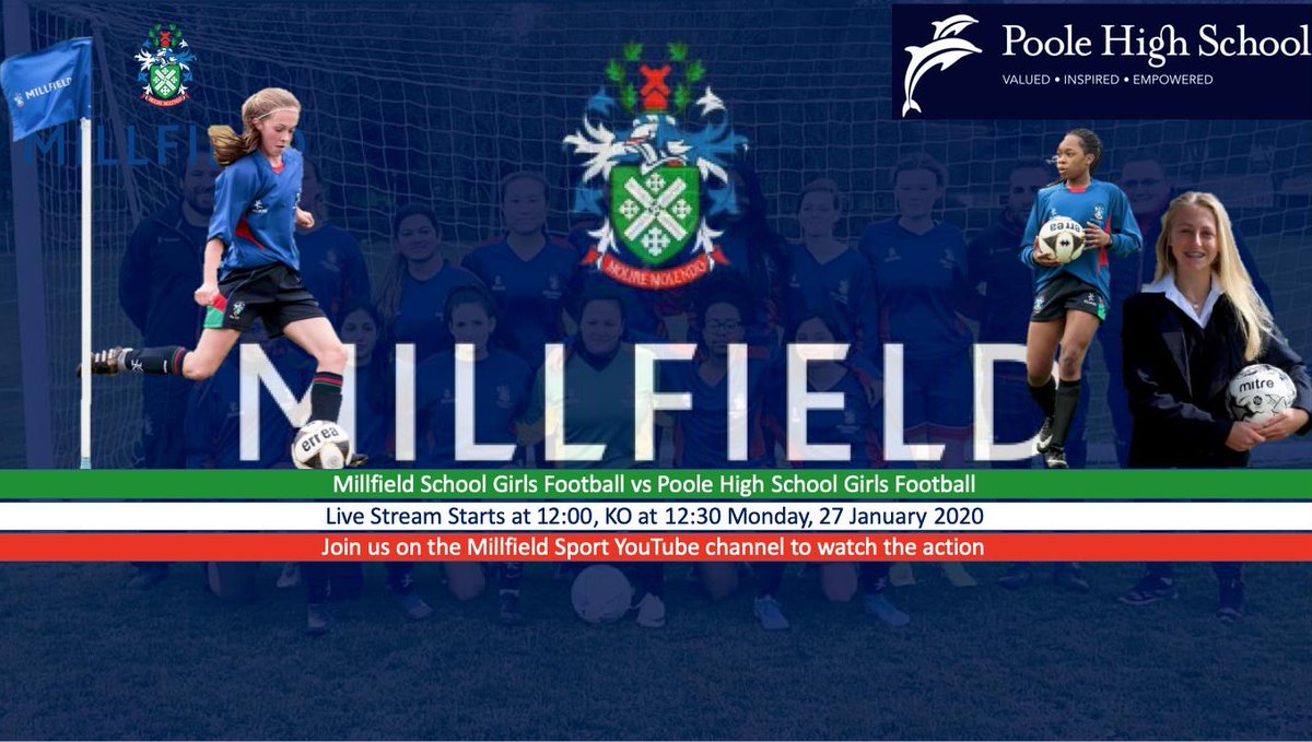 millfieldfoot's tweet photo. ⚽Join us! Monday 27th January from 12.00 when we stream Millfield vs Poole High School Girls Football, @SchoolsFootball KO 12.30pm.⚽

Click here to join the stream: https://t.co/LydTA6zXy4

#TheMillfieldWay #girlsfootball #thisgirlcan https://t.co/Dz3mRrRSWU
