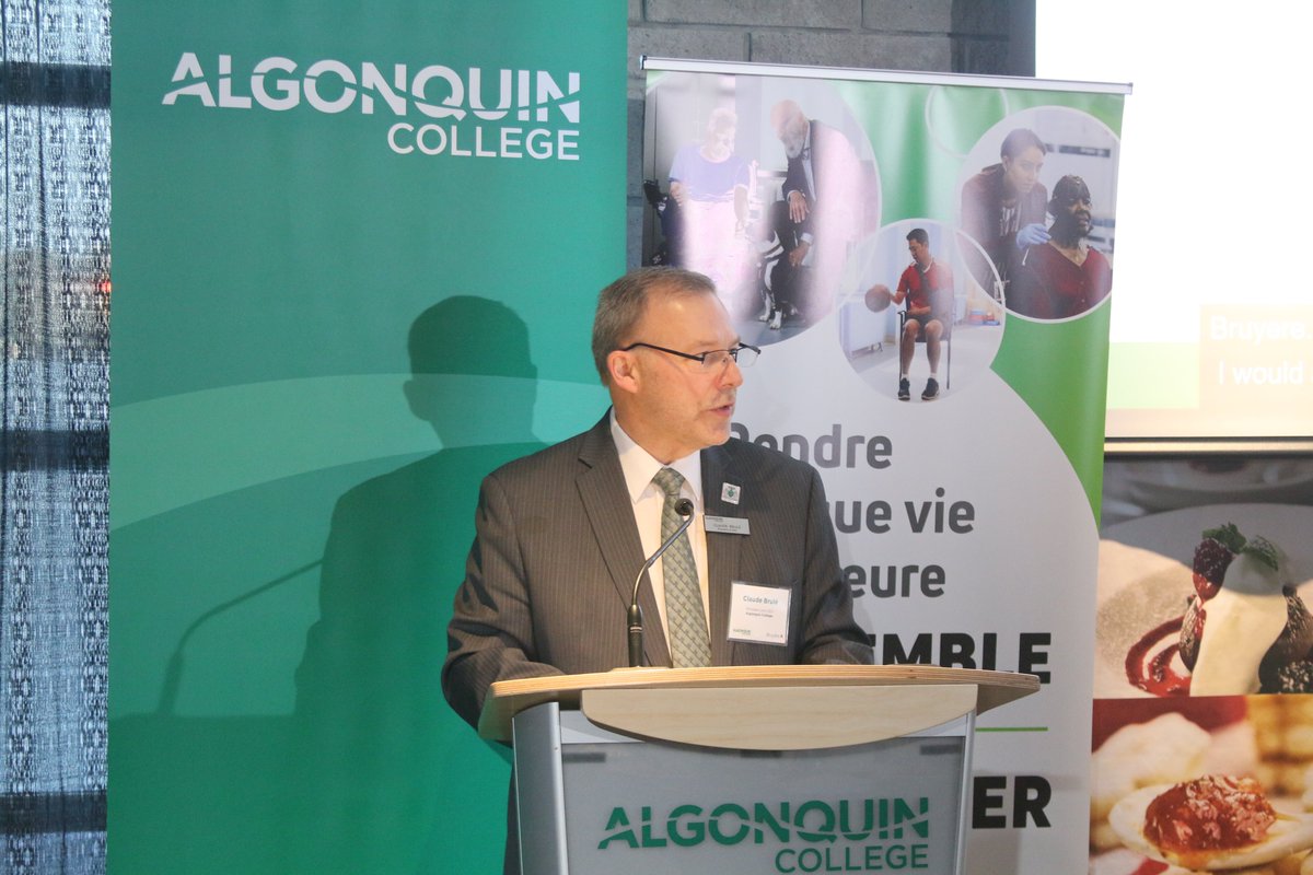 AlgonquinColleg's tweet photo. Algonquin College President and CEO @claude_brule welcomes guests to this morning's #ACHLE Breakfast, and introduces AC's new HLE partner, @bruyerecare. #ONHealth https://t.co/Ik6x6kmD5P