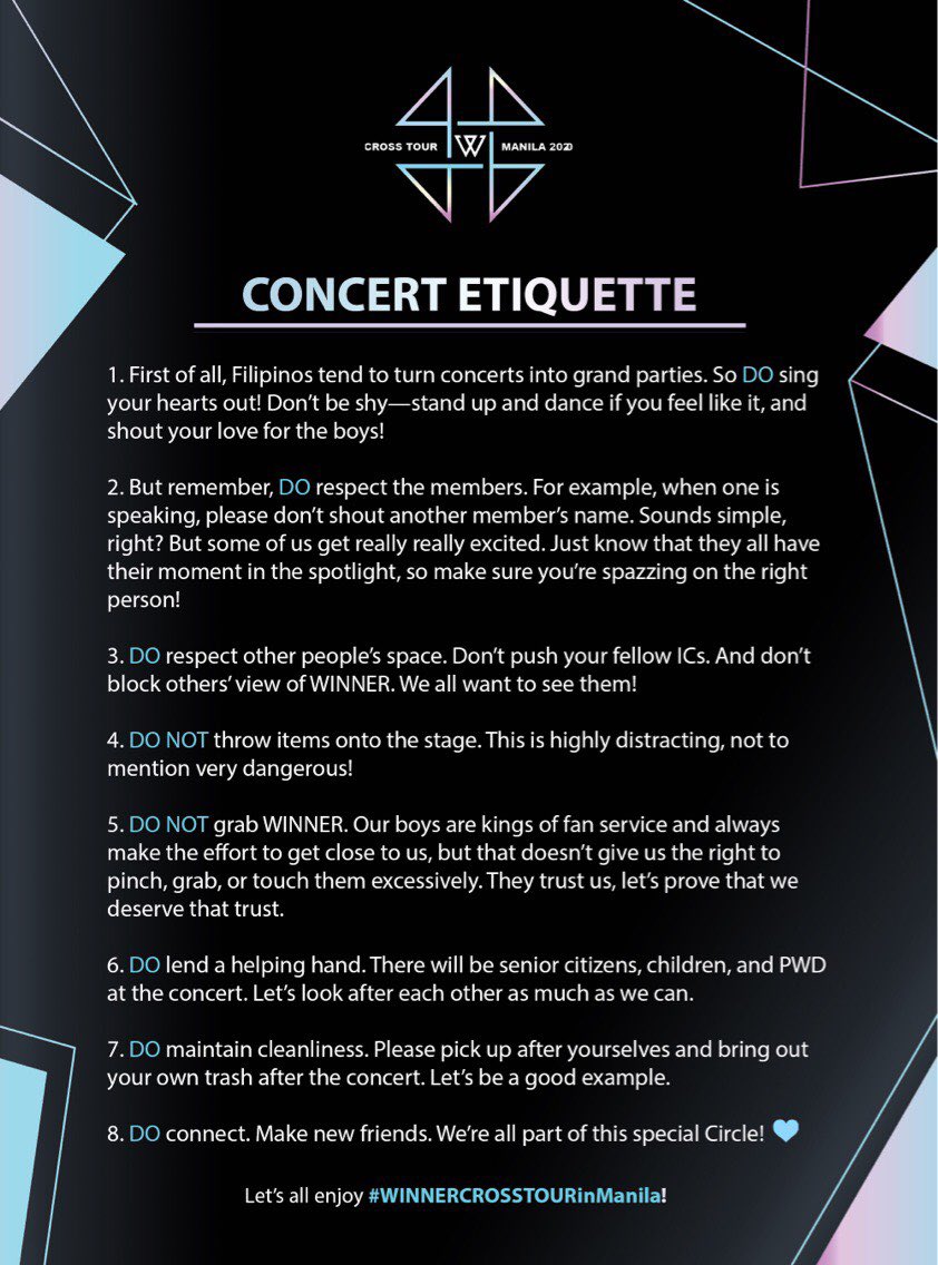 ICPHFANCIRCLE's tweet photo. Tomorrowβs the day weβve been waiting for and to make the day as perfect as it could be, WE NEED YOU FAM! ππ»
Here is the CONCERT ETIQUETTE for all of us to follow. Letβs keep it smooth sailing! π
#WinnerCrossTourinManila https://t.co/H6Sj37rOWy