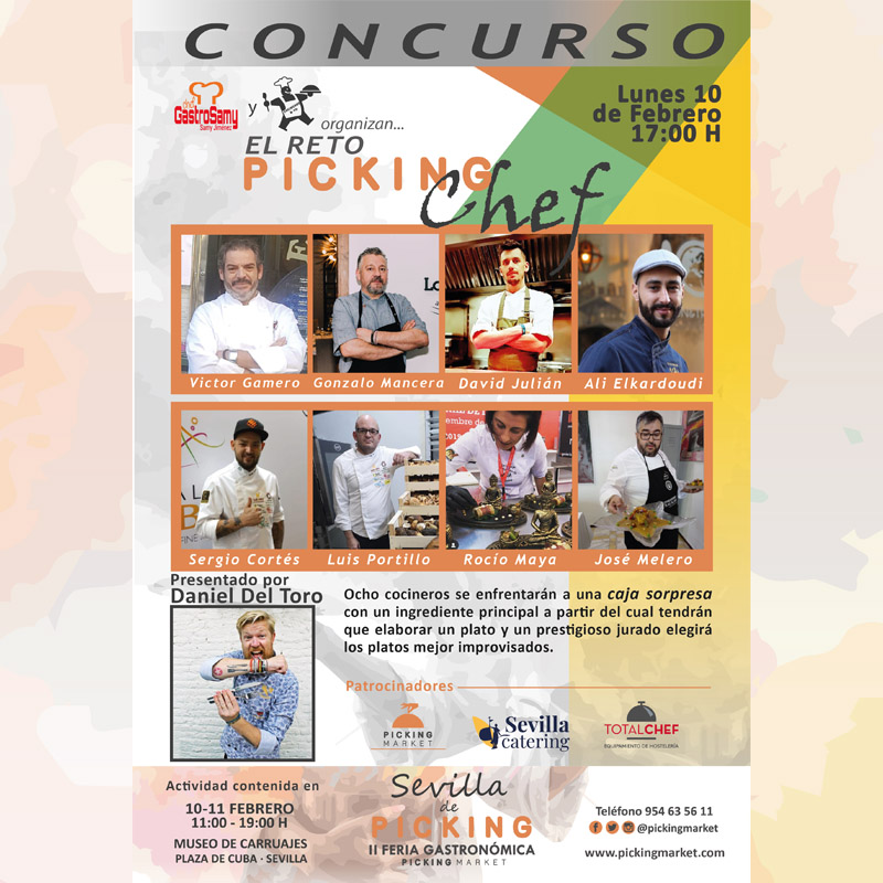 PickingMarket's tweet photo. "El Reto Picking Chef" 

➡️8 Chefs.
➡️1 Caja sorpresa.
➡️1 Producto principal.
➡️¡Lunes 10 de Febrero, 17 horas!

🎙️ Presentado por @DanielMChef4 👌

Organizan #Gastrosamy y @cocinerosyco . ‍ 🍽️
 
¡Con el Patrocinio de #PickingMarket, #TotalChef y #sevillacatering!🔝

#tdsgastro https://t.co/mKn6W99S2K