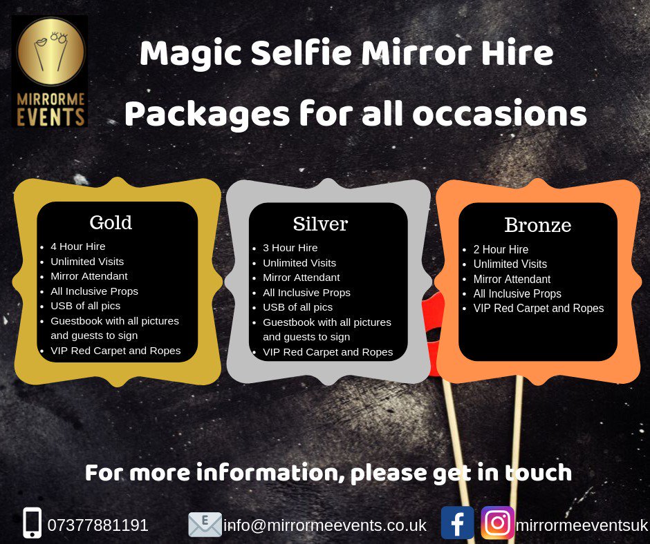 📸✌📸 Selfie Mirror available for hire. The newest concept to the photo booth. Wow your guests with our Fully Interactive Mirror. 

Have an event, wedding or party in the next couple of months? Contact us now to see if we have your date 📸✌📸

facebook.com/Mirrormeevents…
