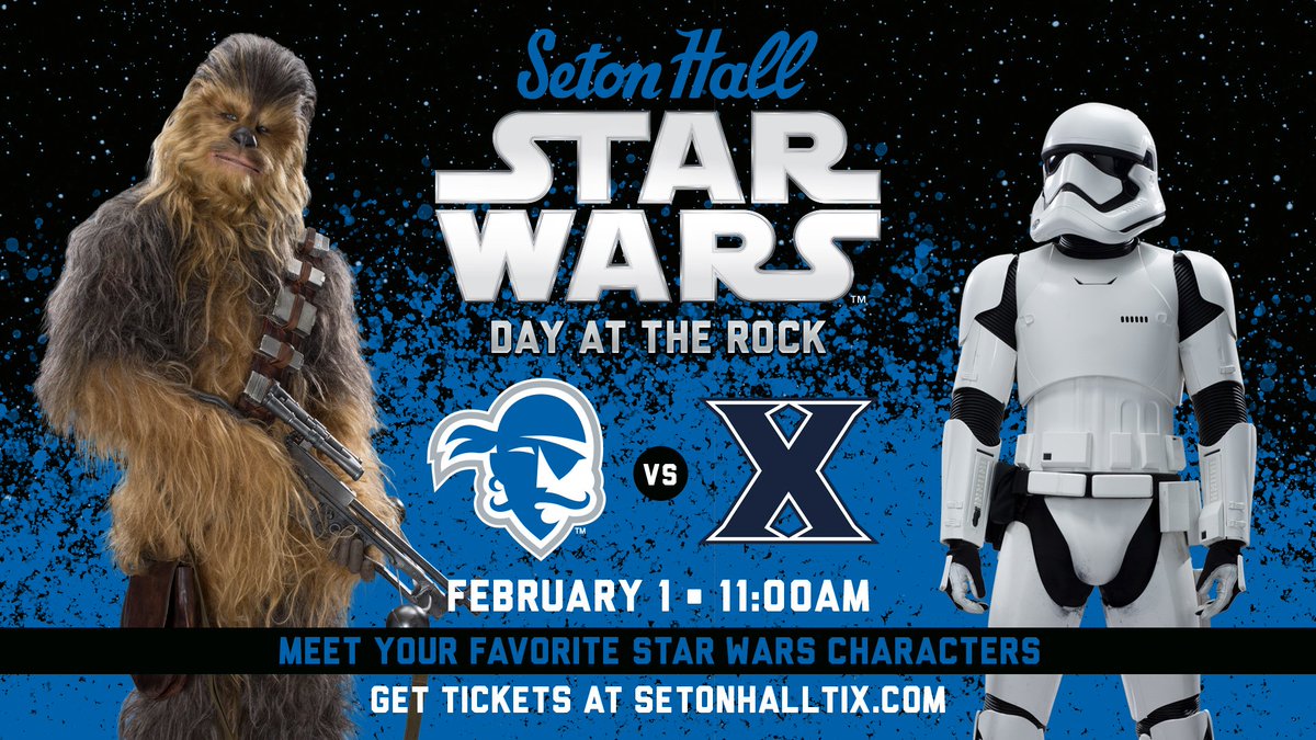 SHUtickets's tweet photo. Use the Force to purchase tickets to Star Wars Day @PruCenter on Feb. 1 when @SetonHallMBB hosts Xavier at 11 AM! Meet your favorite characters pregame &amp; watch out for the stormtroopers! Purchase special offer tickets now at https://t.co/yV2qm3KZ30 https://t.co/oFYkYnpZuk
