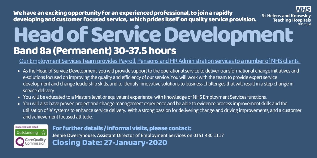 mwl_recruitment's tweet image. 🚨 New Job Alert! 🚨

We have an exciting opportunity for you to join and lead our Employment Services Team, as Head of Service Development.

Apply now: 
buff.ly/2TRnrPQ (27/01/2020)

#WeAreTheNHS #NHSJobs #ServiceImprovement #Pension #Hrjobs #PayrollServices