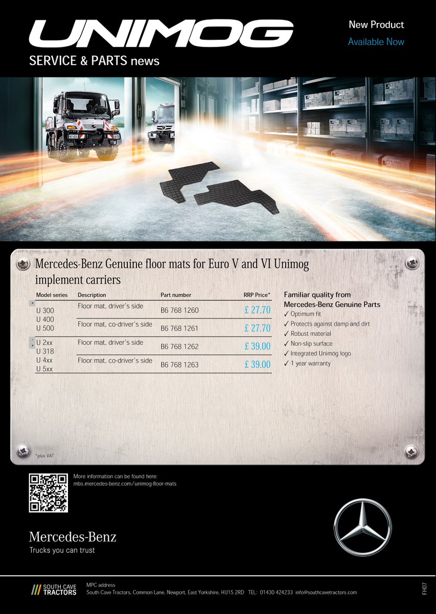 SCTUnimog's tweet photo. Genuine Mercedes-Benz Unimog rubber floor mats are available for your Unimog UGE and UGN. Visit https://t.co/ezDXaiNVNt for more details.

#MercedesBenz  #SpecialTrucks #Implements #MULAG #Agriculture #AgHaulage #AgLogistics #Arboriculture #ARB #Farming #Forestry #Unimog https://t.co/4C5wCZXsAD