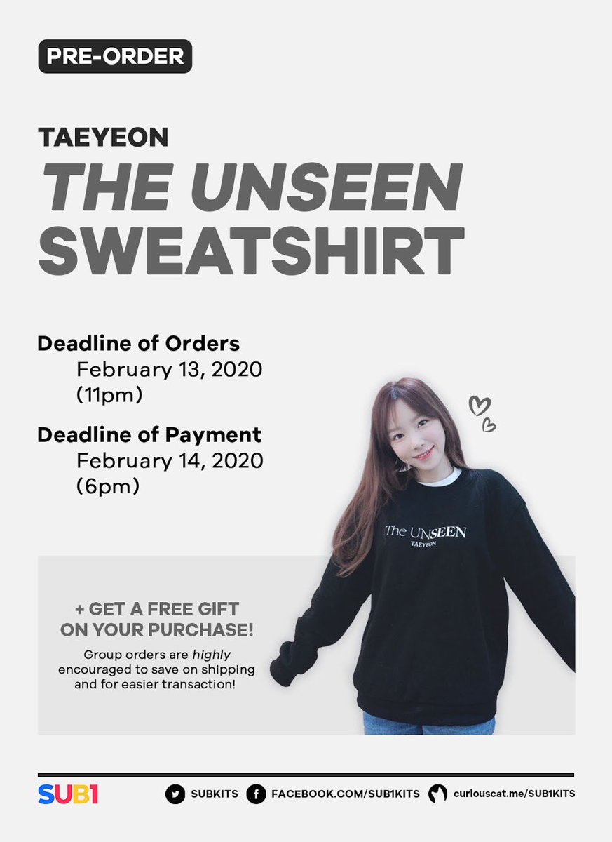 SUB1KITS's tweet photo. PH Sones! 💖
King Taeyeon's <The UnSEEN> Fanmade Swearshirt is now available for pre-order!

+ FREE MINI POLAROID!
✨Php 700 + LSF✨

DOO: Feb 13 (6pm)
DOP: Feb 14 (6pm)

*SEE POSTER FOR SPECIFICATIONS*

Details + Order Form: https://t.co/4DFLcJK3XE

#Taeyeon #태연 https://t.co/1fBS3tXbDd