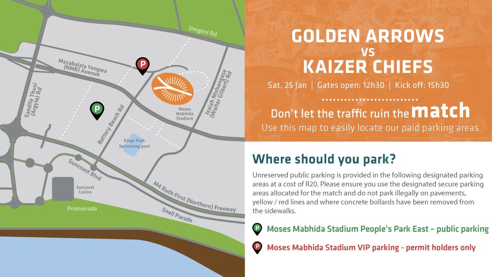 MMStadium's tweet photo. ⚽️ GAME DAY ⚽️
Public parking for the @goldenarrowsfc1 VS @KaizerChiefs game is available at People's Park East for just R20 - check out the map below for all the deets!
#MMSLive #AbsaPrem https://t.co/e284yYvHxB