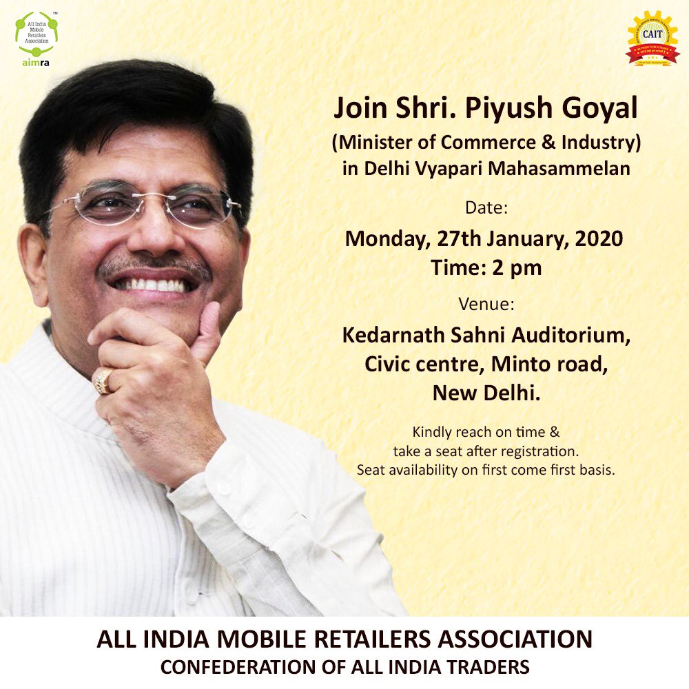 AimraIndia's tweet photo. Big opportunity to meet and interact with Honourable CIM @PiyushGoyal ji who has always listened to the grievances of mobile retailers. Mobile retailers please join us at Vyapari Mahasammelan. @TEAMCAIT @praveendel @writankarmET @Himanshi_ET @sumitagarwal_82 #PiyushGoyal #aimra https://t.co/QeODbtStJT