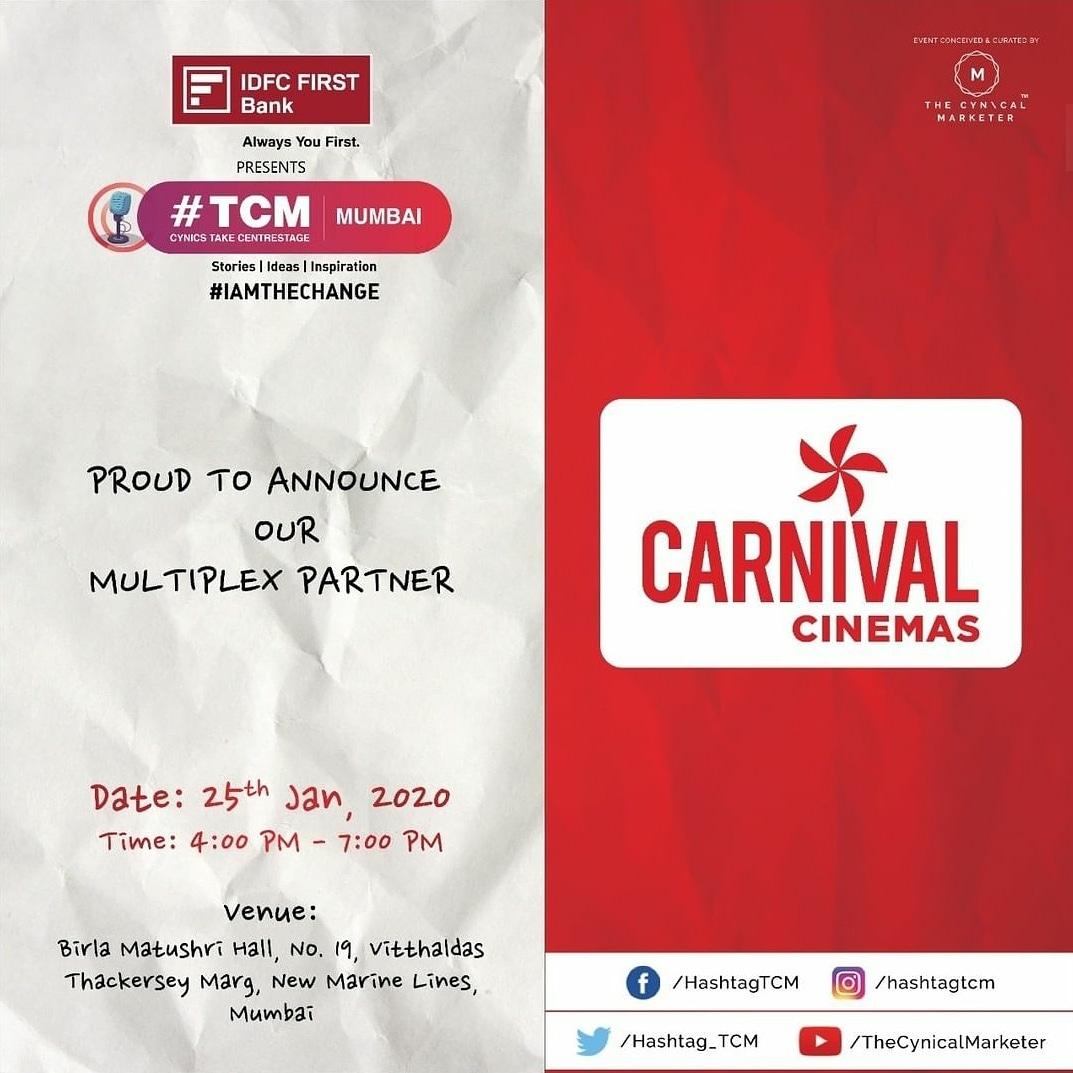 CarnivalCin's tweet photo. #TCMMumbai is excited to announce @carnivalcine as their #MultiplexPartner for @idfcfirstbank presents #TCMMumbai
Book #YourTickets Now👉https://t.co/4xgY8hxVI9
#Venue : Birla Matushree, Marine Lines
#Date & #Time: 25th Jan 2020 | 4.00PM - 7.00PM
.
.
#CarnivalCinemas @rcrrapstar https://t.co/OvleJtz7ym