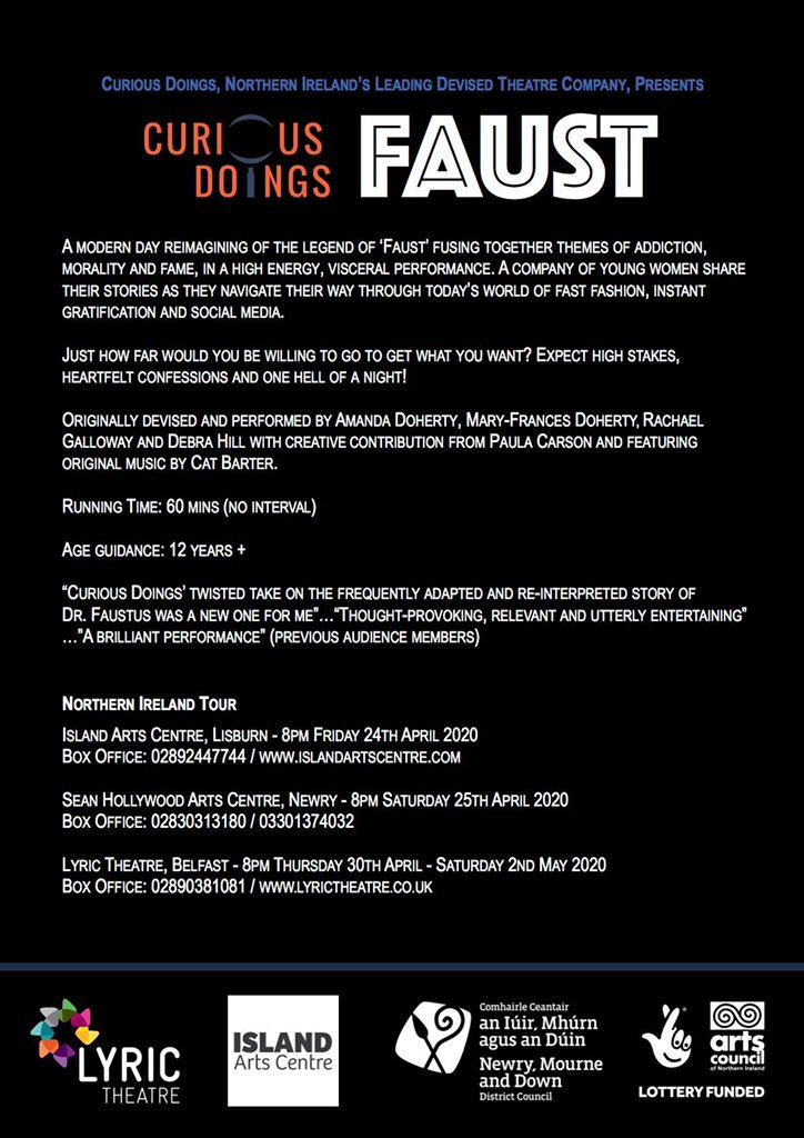 Only three months from today until we hit the road with 'Faust'!

Just how far would you be willing to go to get what you want? Expect high stakes, heartfelt confessions and one hell of a night! 

#faust #faustbycuriousdoings #devisedtheatre #womenintheatre #theatreni