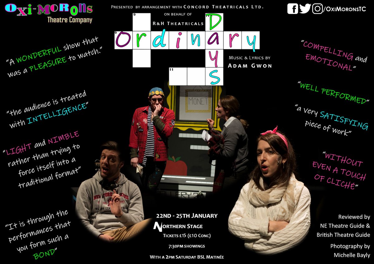 OxiMoronsTC's tweet photo. What a couple of WONDERFUL reviews from @NETheatreGuide and @BritTheatreGuid.

You still have 3 opportunities to come along and see Warren, Deb, Jason and Claire struggle with the puzzle of their Ordinary Days. One showing tonight, and two tomorrow!

Don't miss it!! https://t.co/hzDyyB3ch5