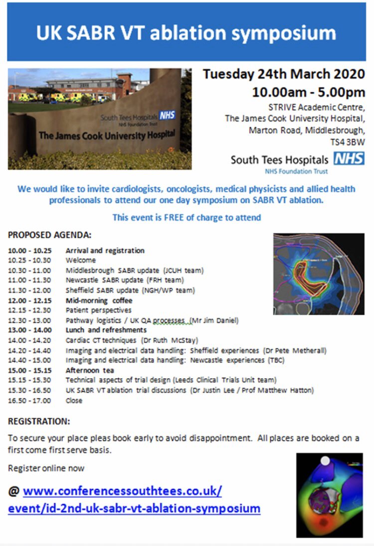Interested in Cardiac SABR for VT ablation?
All welcome to the 2nd UK meeting on Cardiac SABR for VT ablation. It’s on the 24th March 2020 and FREE to attend. Register here:  conferencessouthtees.co.uk/event/id-2nd-u… #Radonc #EP