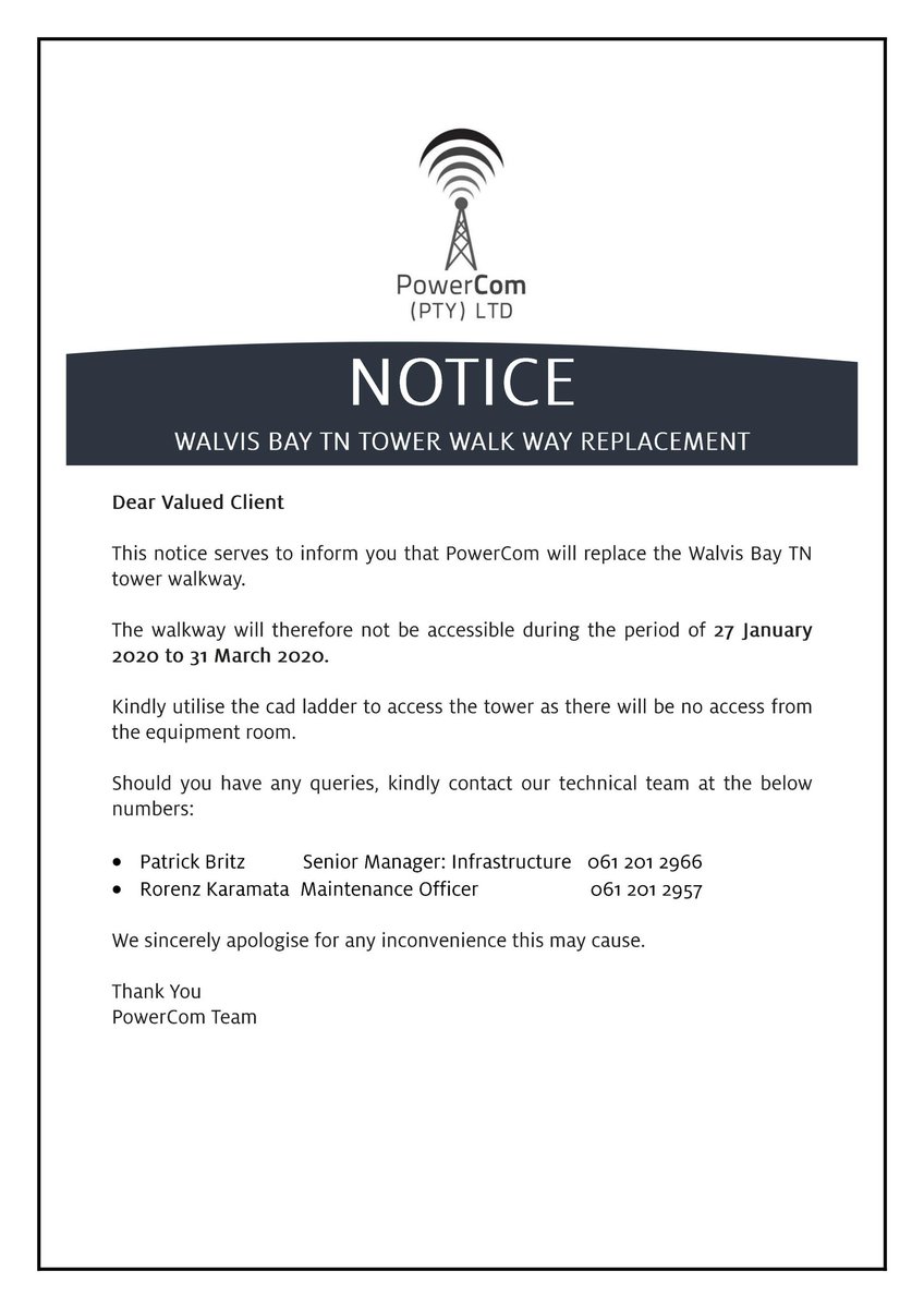 powercomna's tweet photo. PowerCom has started with the replacement of the Walvis Bay Tower Walk Way #projects2020 #passiveinfrastructure #maintenance #capex #replacement #construction https://t.co/SgVqqK5oiS