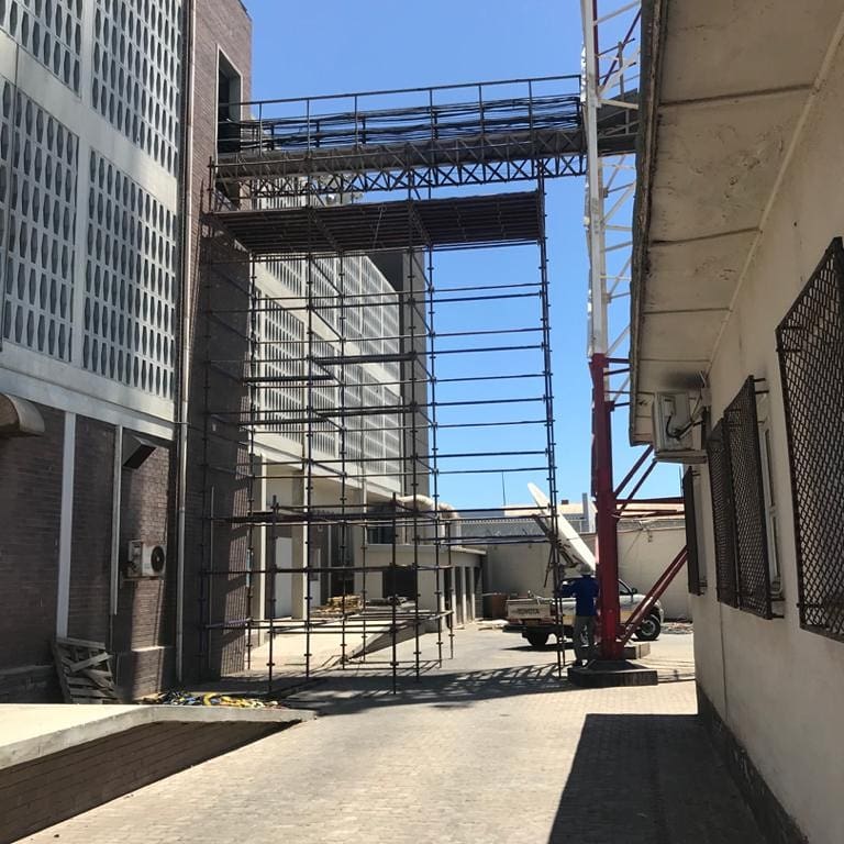 powercomna's tweet photo. PowerCom has started with the replacement of the Walvis Bay Tower Walk Way #projects2020 #passiveinfrastructure #maintenance #capex #replacement #construction https://t.co/SgVqqK5oiS