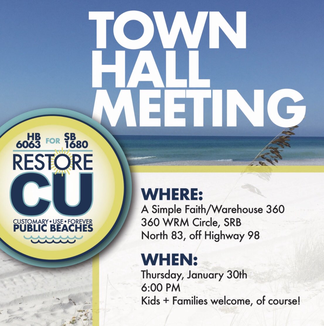 Get the Scoop!

Find out what’s going on and please attend. 

January 30th 6:00pm

#CustomaryUse
#30a 
#CUatthebeach
