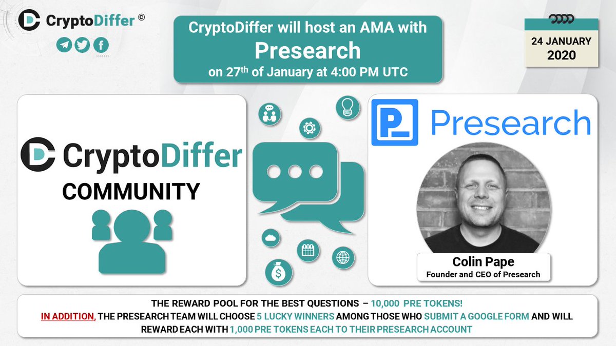 CryptoDiffer's tweet photo. ❗️@CryptoDiffer will hold an AMA with @Presearchnews on 27 of Jan at 4 PM UTC in the CryptoDiffer Telegram Chat!

The rewards pool for the best questions is 10k $PRE tokens!
In addition, 5 lucky winners will receive 1k $PRE tokens each filling up this form https://t.co/J6GCdFWk4q https://t.co/01LwB5GPbE