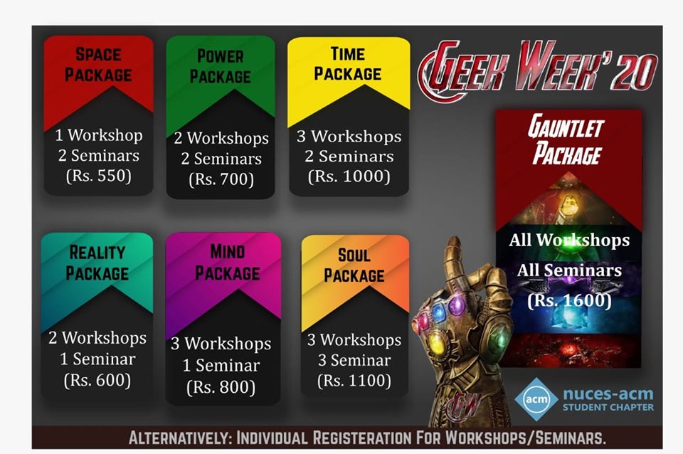 nucesacm's tweet photo. We've offered some of the most economical packages possible to ensure you don't feel out of budget at Geek Week 2020! Check them out and register here:
https://t.co/IukSdJ3Dl1

#GeekWeek_20 #GeekWeek #NUCES_ACM #ACM https://t.co/wVpNQVL4y1